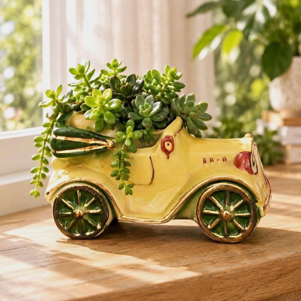Art Deco Ceramic Car Planter Yellow Green Glossy 23K Gold Trim Early 1900s